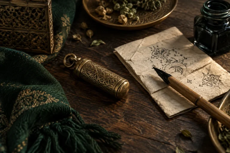 Illustrative brass amulet case, ornamental paper and reed pen