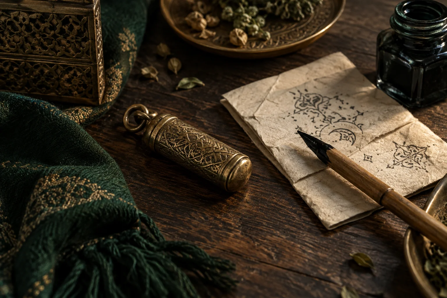 Illustrative brass amulet case, ornamental paper and reed pen