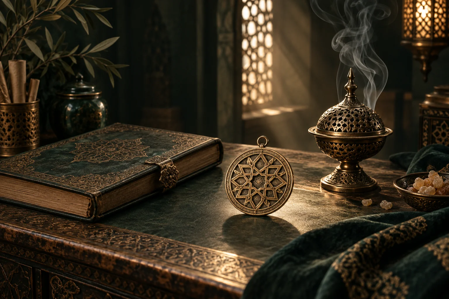 مشهد توضيحي لفضاء دار تاليسمان مع طلسم زخرفي وبخور
