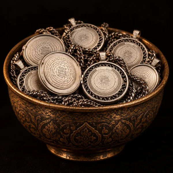 Dar Talisman — Four Seals Necklace — on a black background