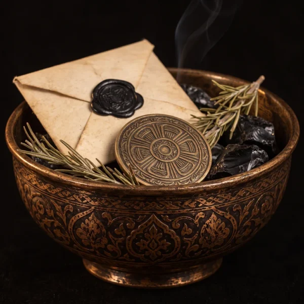 Dar Talisman — Banishing Intention Amulet — on a black background