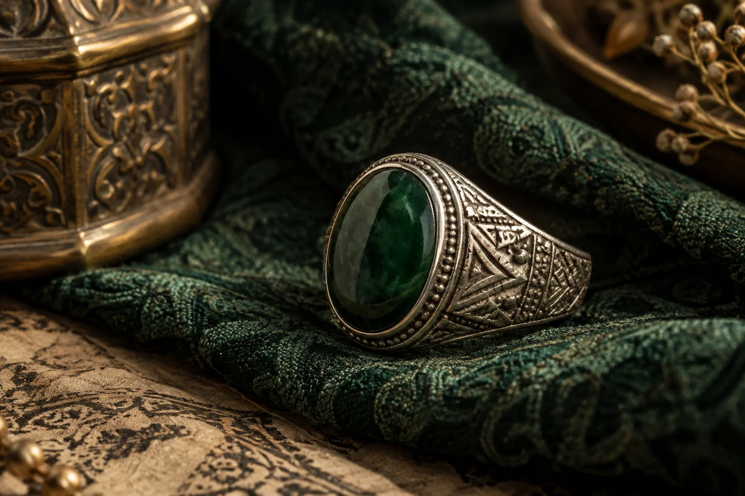 Illustrative silver ring with a dark green stone on emerald fabric