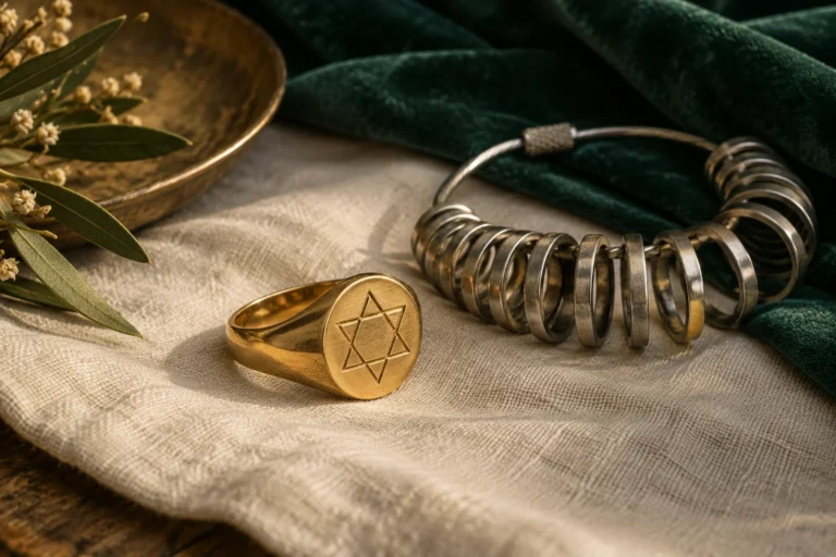 Illustrative six-pointed signet ring beside a ring-sizing gauge