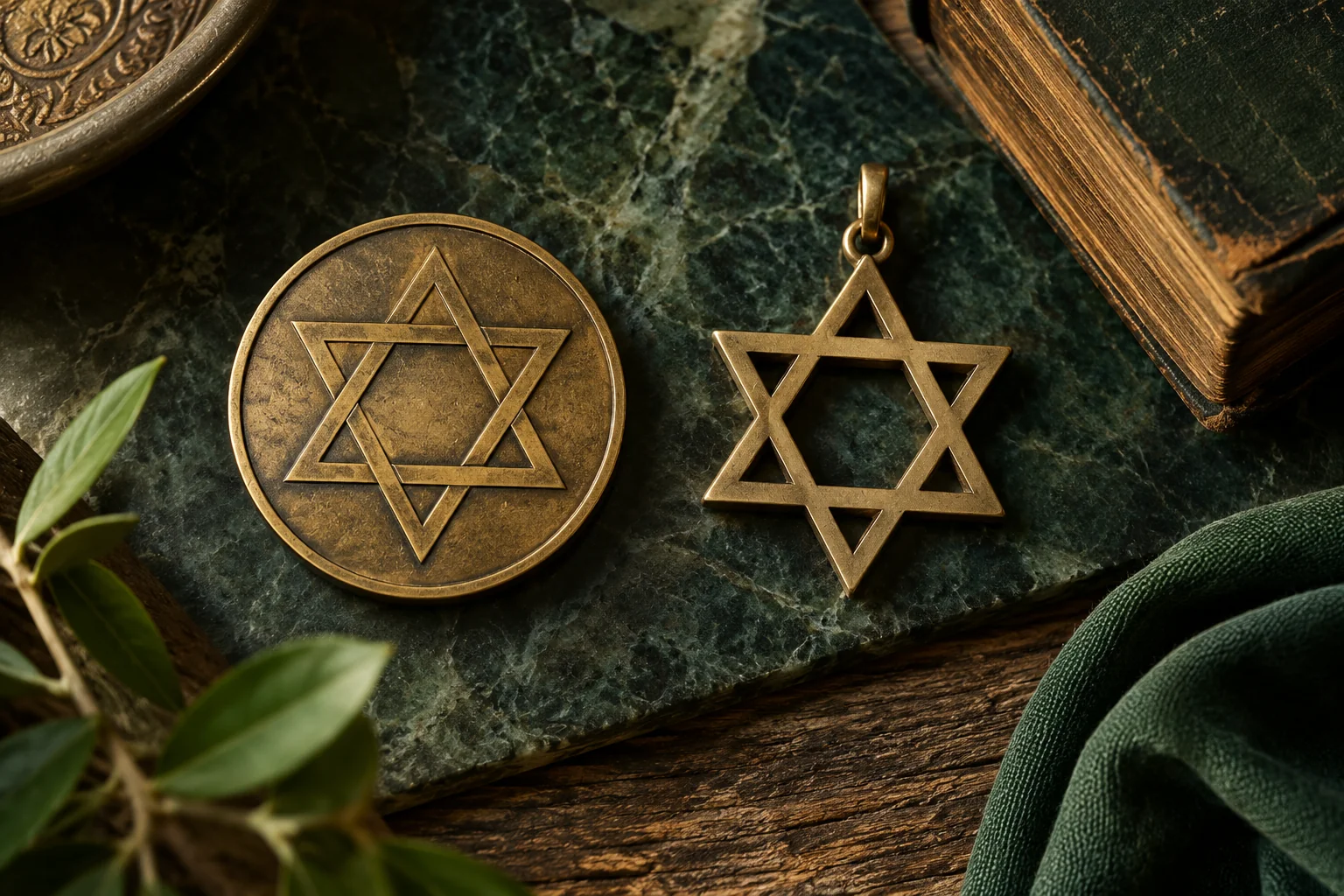 Two illustrative six-pointed brass star objects on a green surface