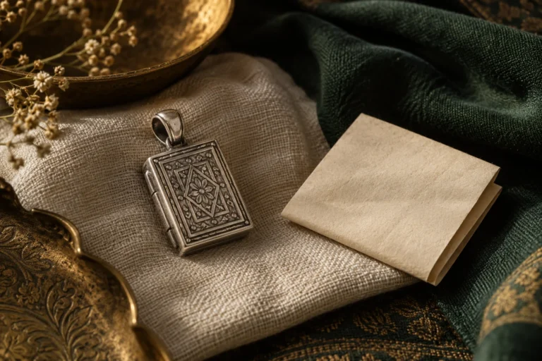 Illustrative silver amulet pendant beside folded parchment