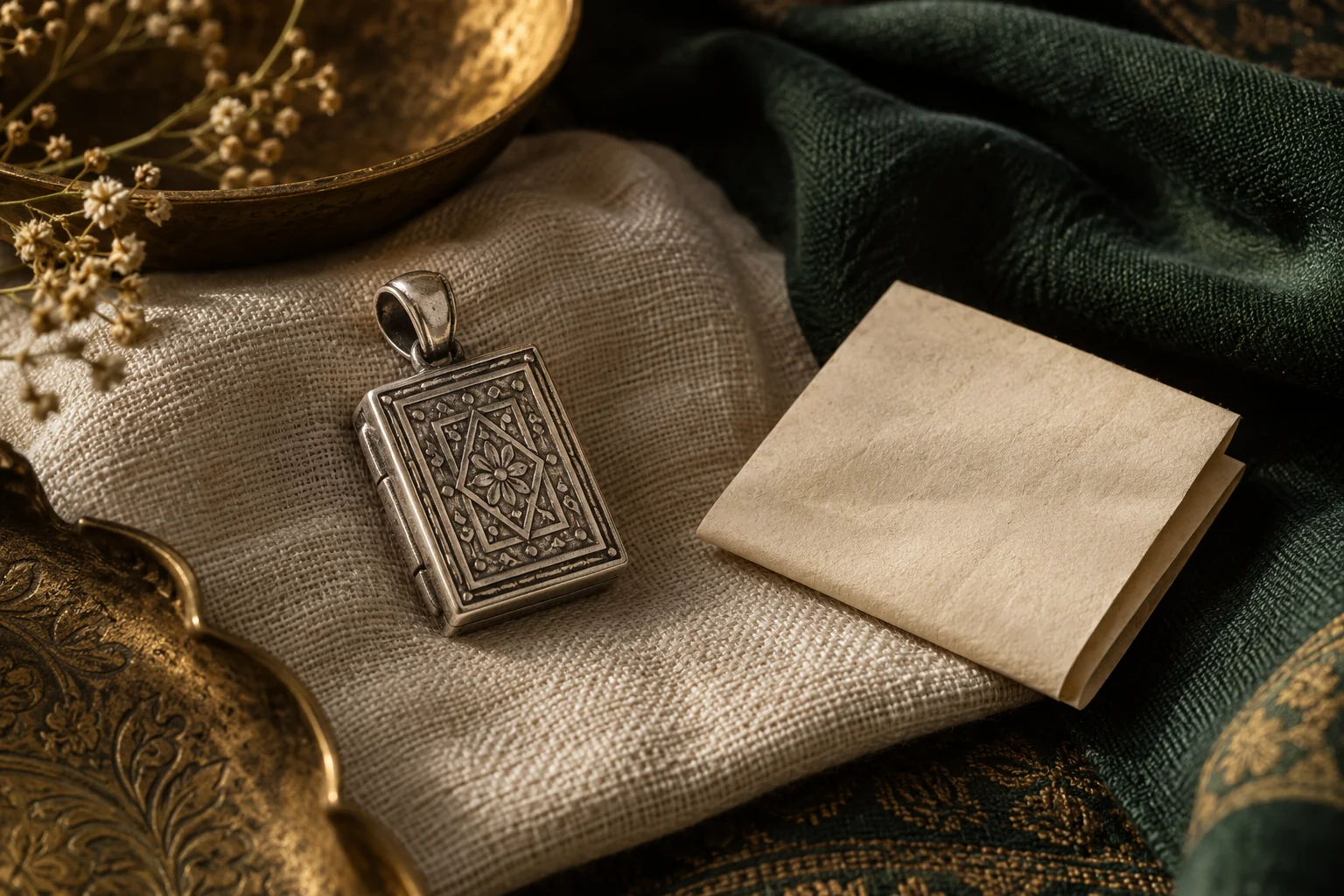 Illustrative silver amulet pendant beside folded parchment